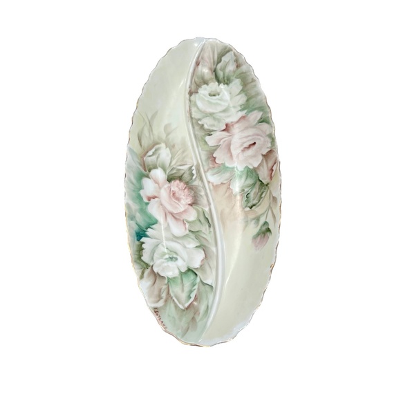 HAND PAINTED FLORAL PORCELAIN DIVIDED OVAL RELISH DISH - VINTAGE 1960s - Picture 6 of 16